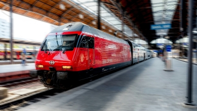 A Swiss Federal Railways (SBB) train utilizing AI-powered predictive maintenance and blockchain-backed GS1 EPCIS data tracking for enhanced rail safety